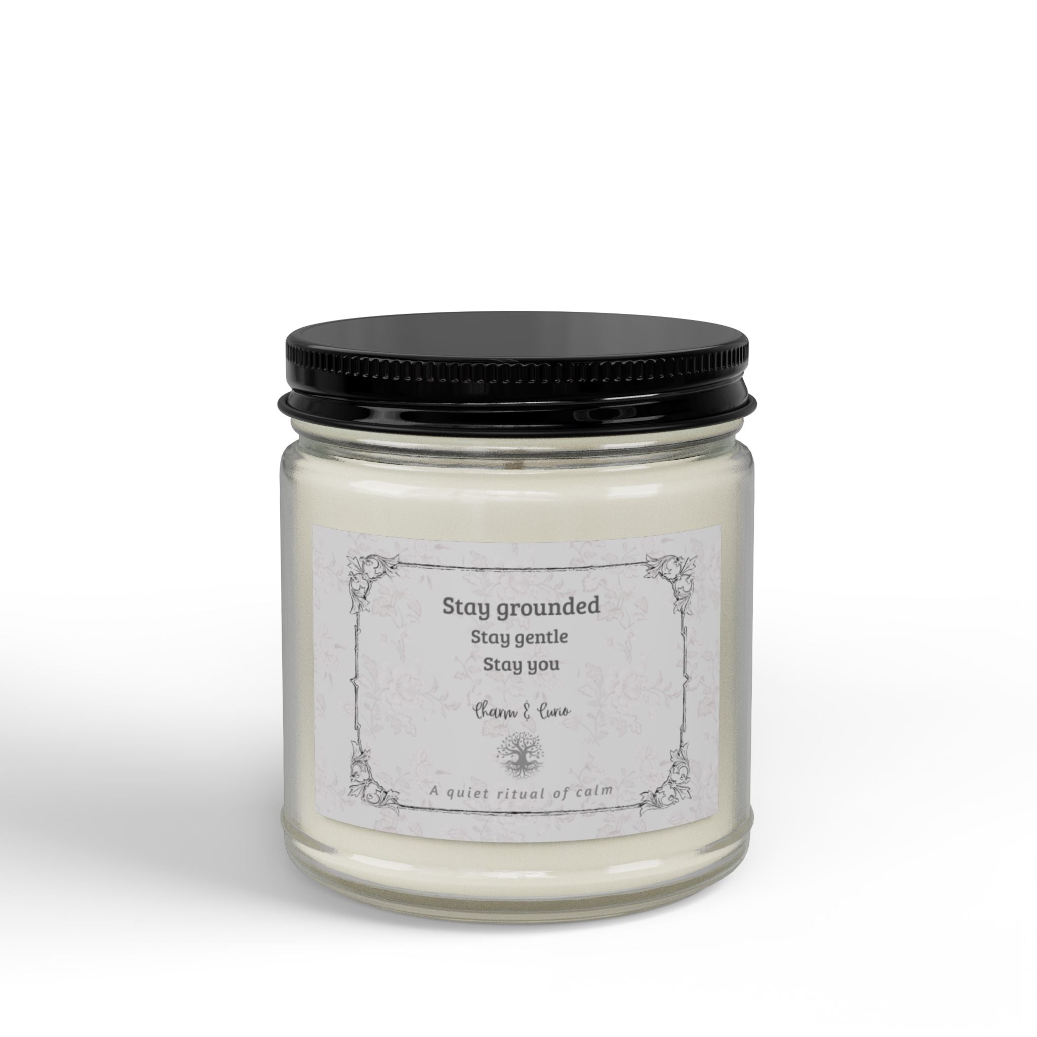 Stay Grounded Soy Scented Candle (Amber Jar) — Calming Aromatherapy Candle with Black Lid (4 oz) Marron antique