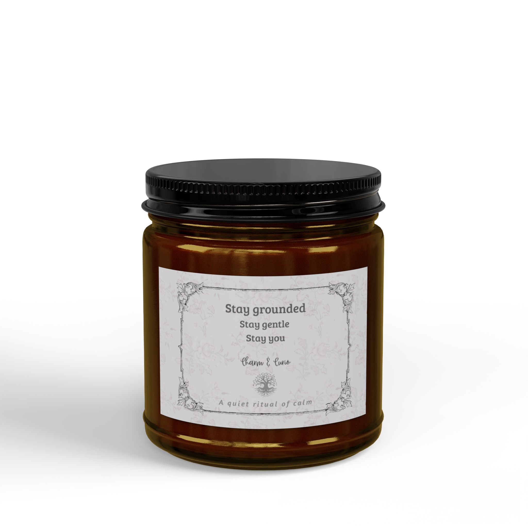 Stay Grounded Soy Scented Candle (Amber Jar) — Calming Aromatherapy Candle with Black Lid (4 oz) Marron antique