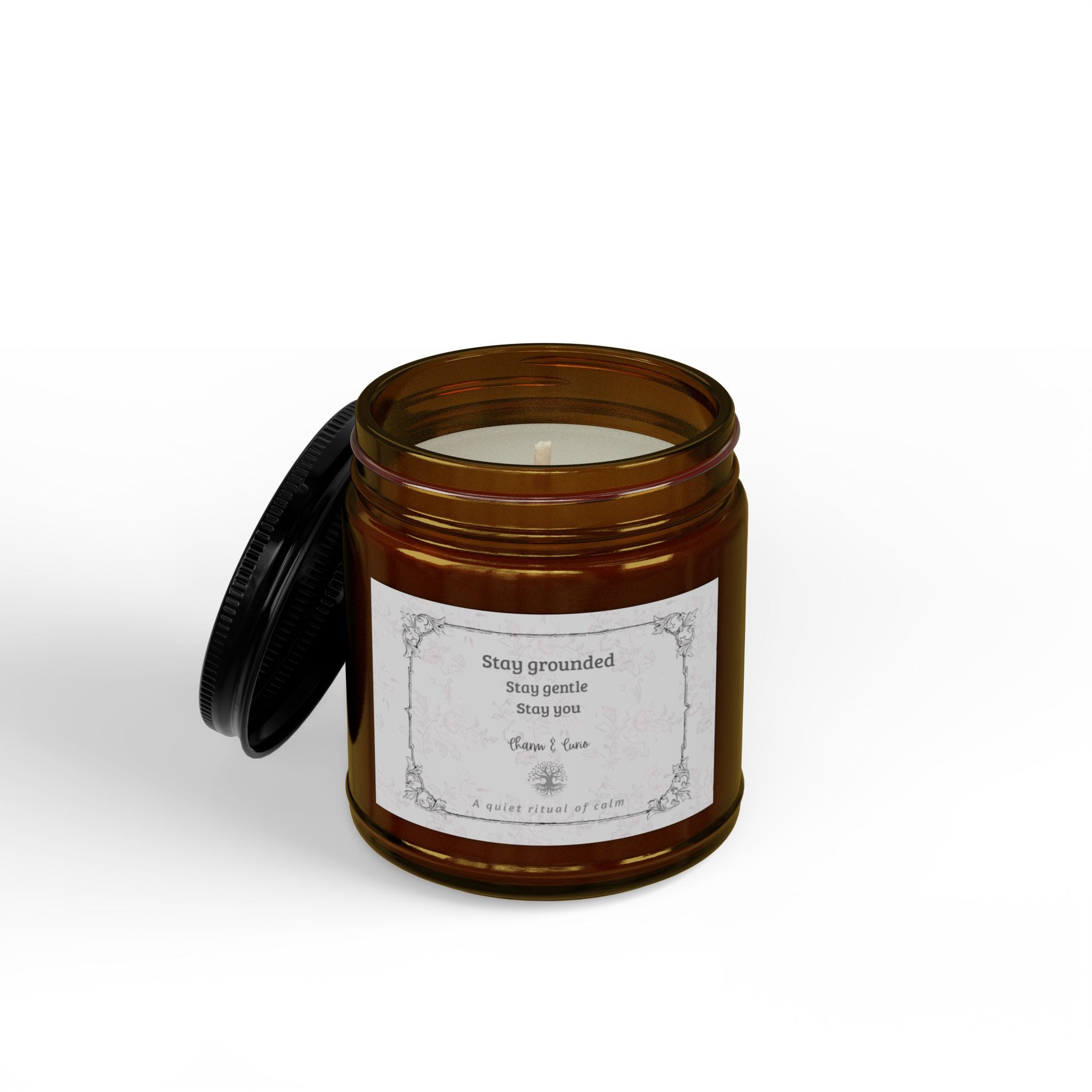 Stay Grounded Soy Scented Candle (Amber Jar) — Calming Aromatherapy Candle with Black Lid (4 oz) Marron antique