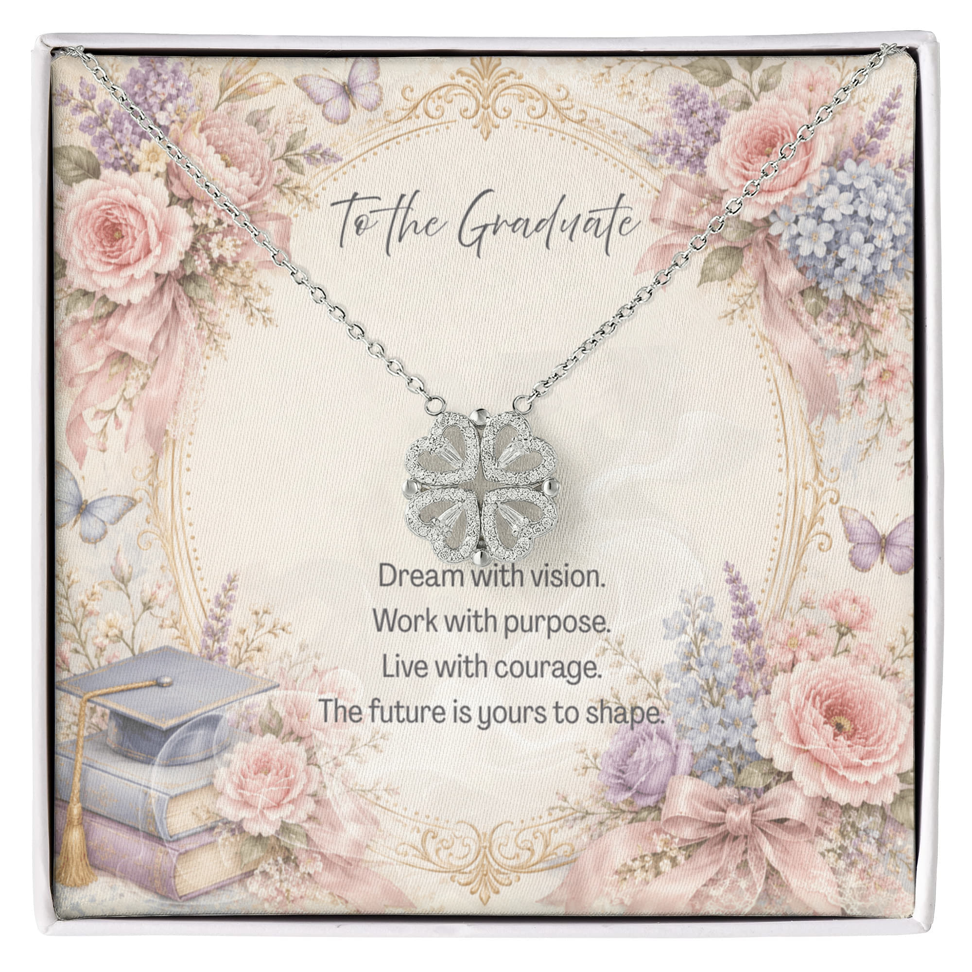 To The Graduate Magnetic Hearts Necklace Books and Flowers