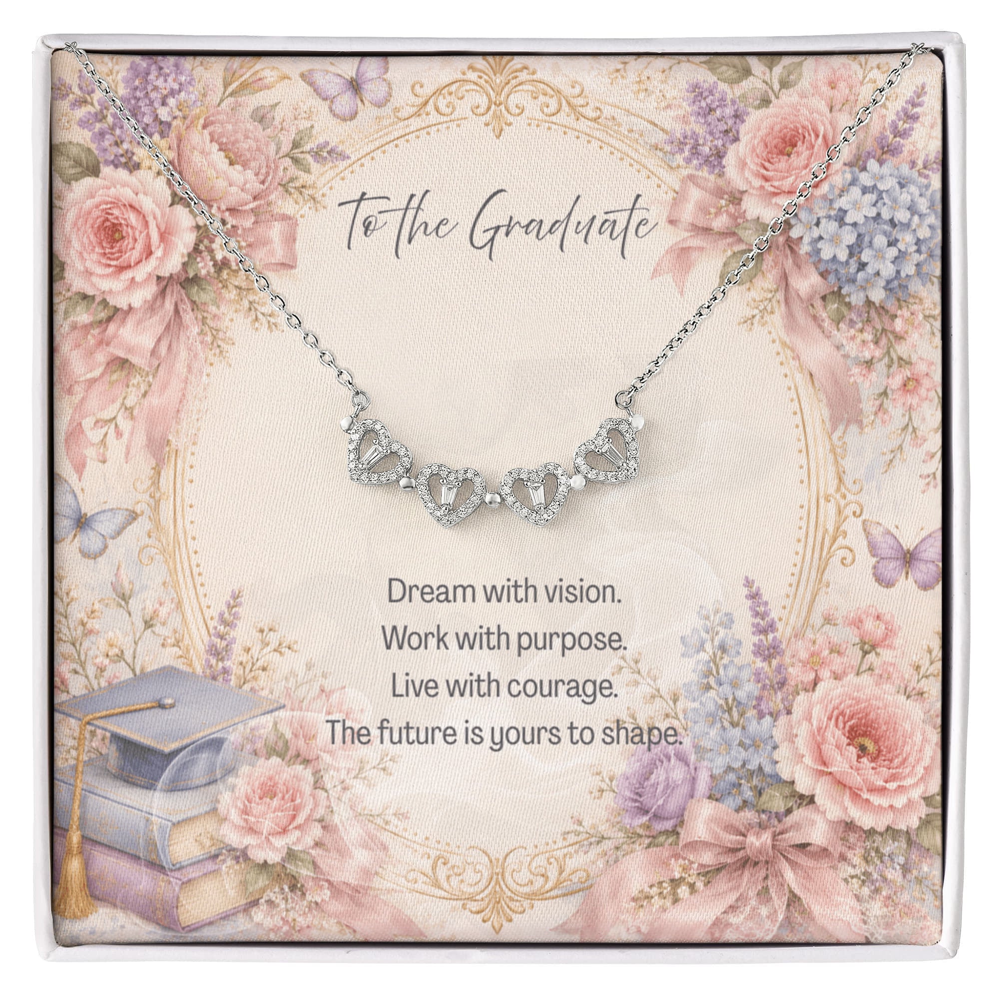 To The Graduate Magnetic Hearts Necklace Books and Flowers