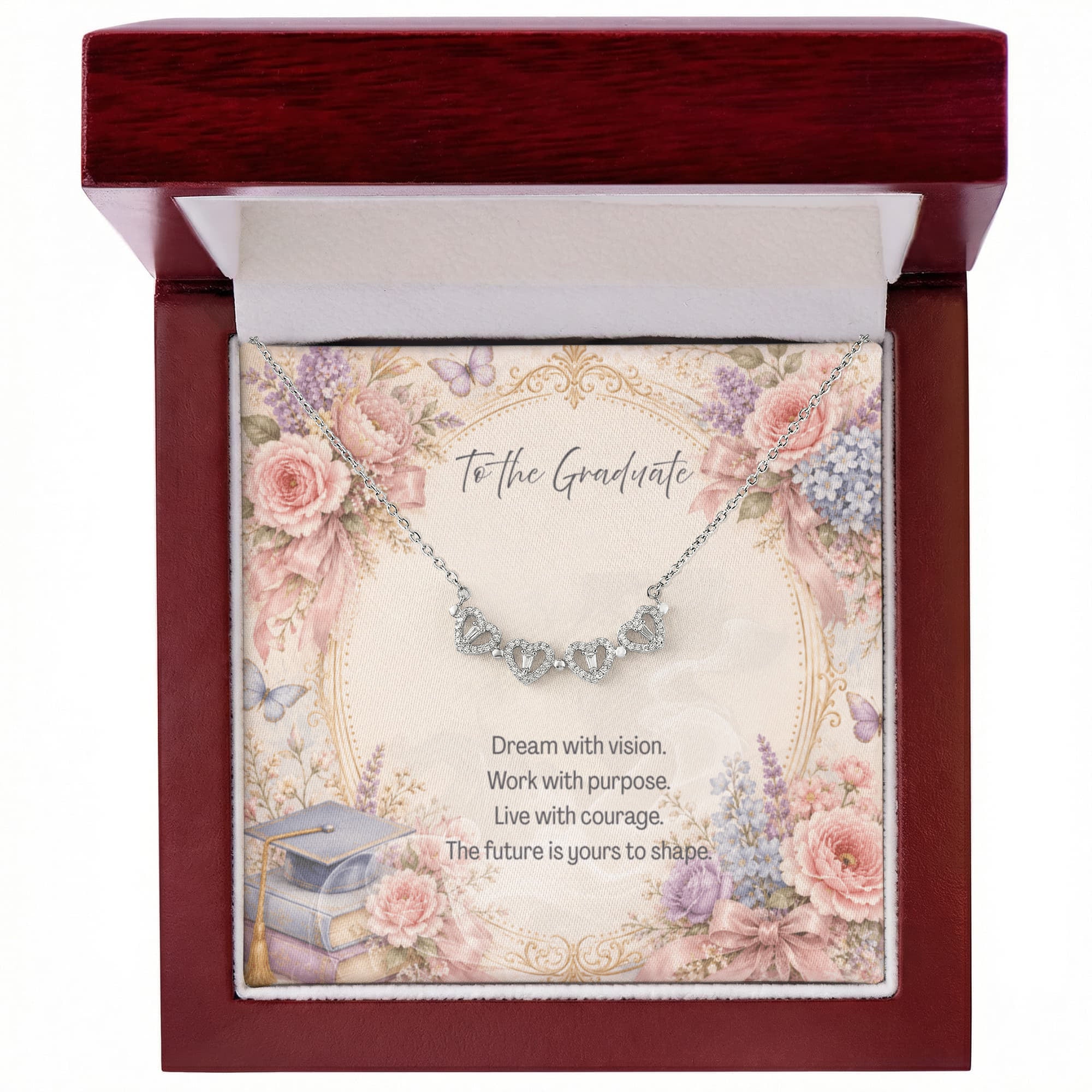 To The Graduate Magnetic Hearts Necklace Books and Flowers