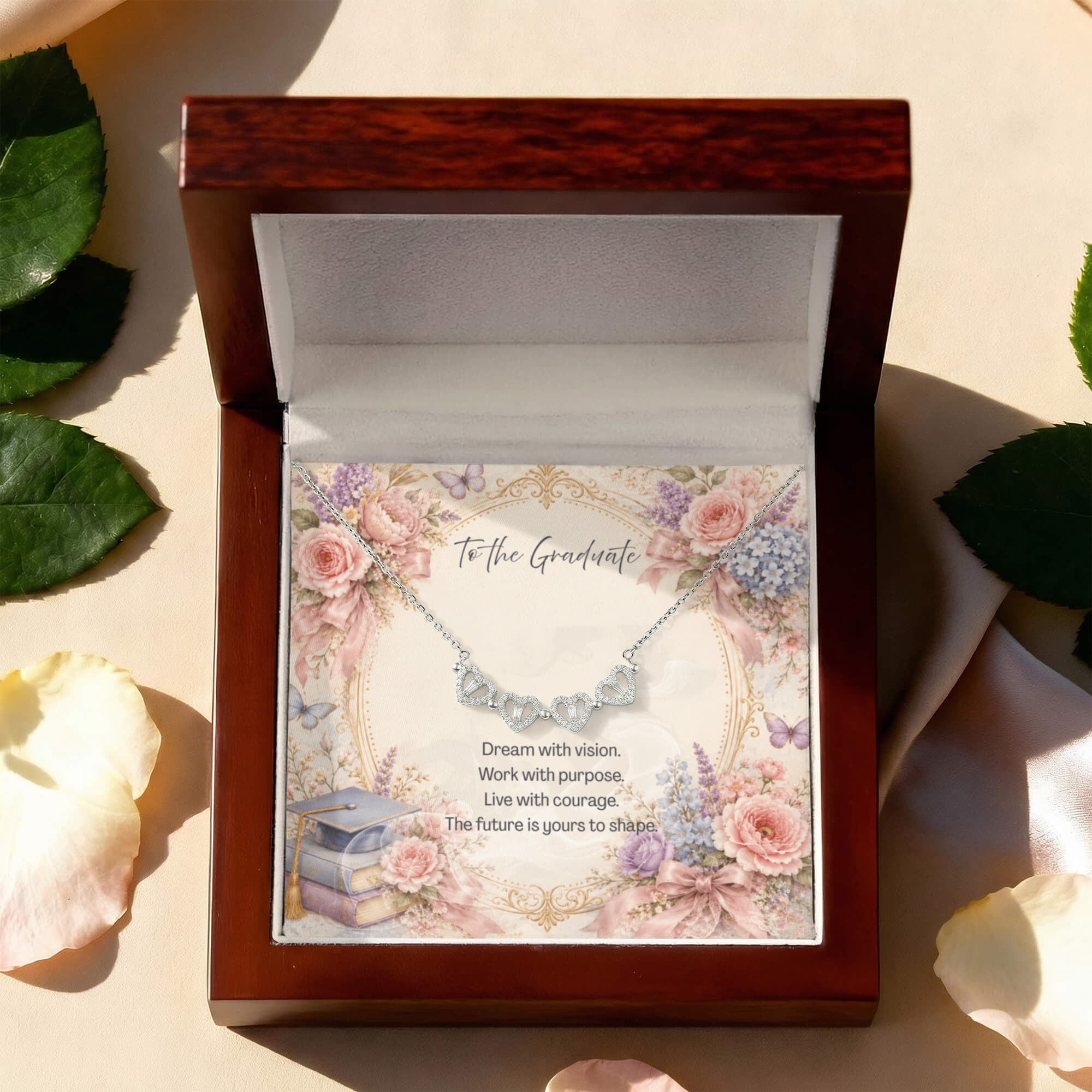 To The Graduate Magnetic Hearts Necklace Books and Flowers
