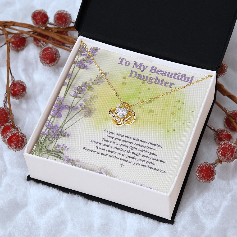 To My Beautiful Daughter — A Lavender Keepsake of Love | Love Knot Necklace Gift From Mom or Dad