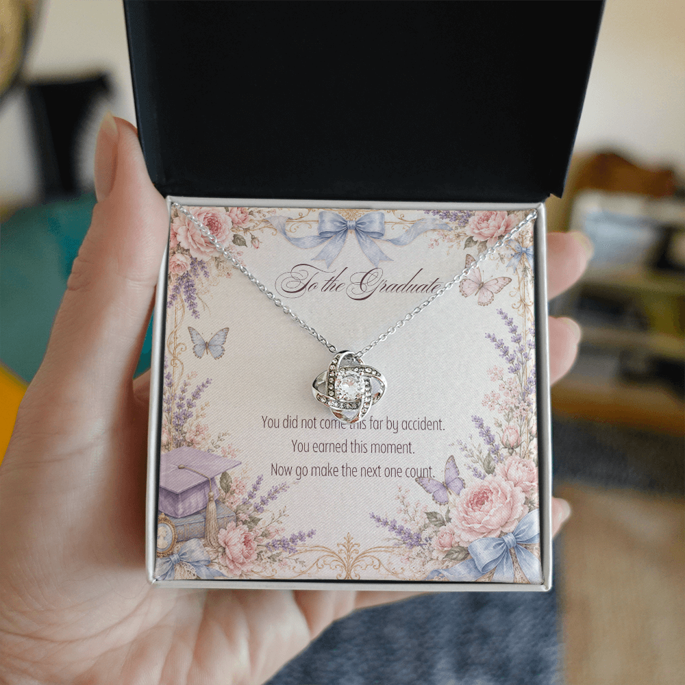 To The Graduate Love Knot Necklace Books, Flowers, and Butterflies