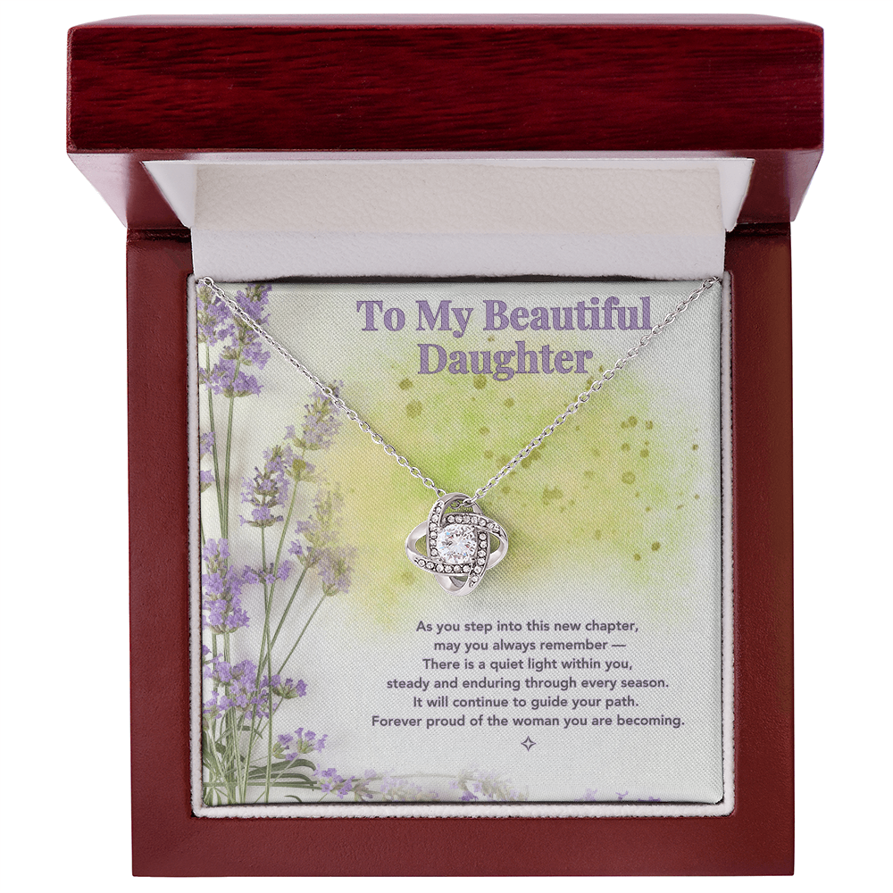 To My Beautiful Daughter — A Lavender Keepsake of Love | Love Knot Necklace Gift From Mom or Dad