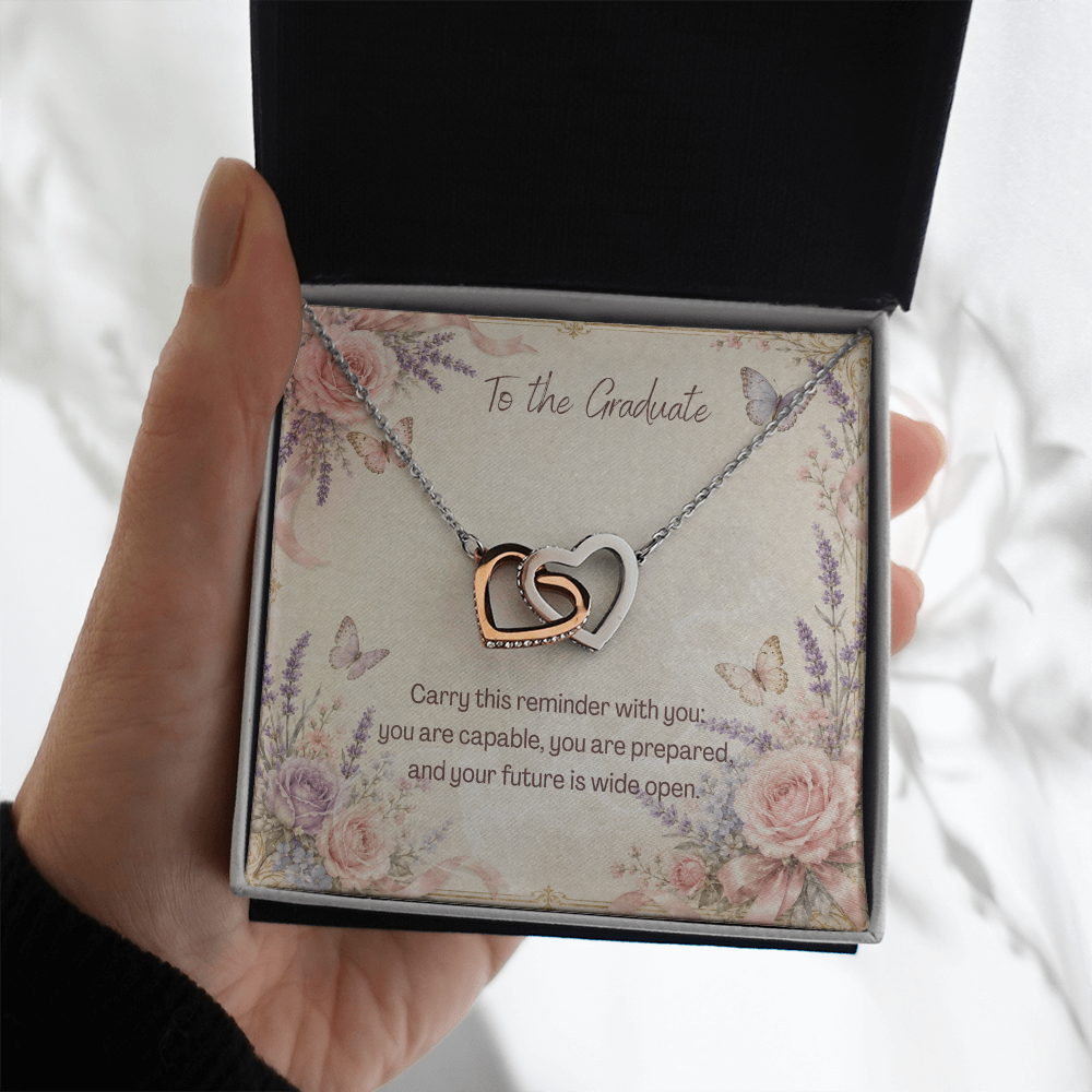 To The Graduate Interlocking Hearts Necklace Bows, Butterflies, and Flowers