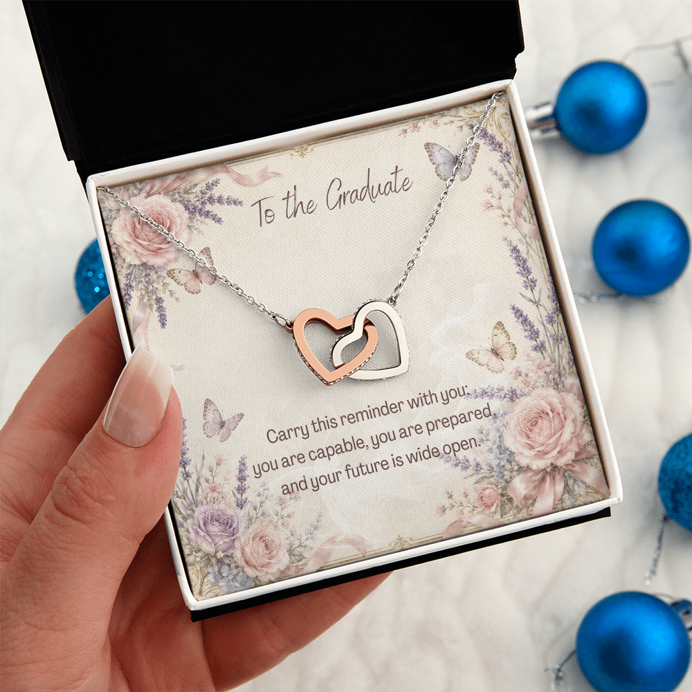 To The Graduate Interlocking Hearts Necklace Bows, Butterflies, and Flowers