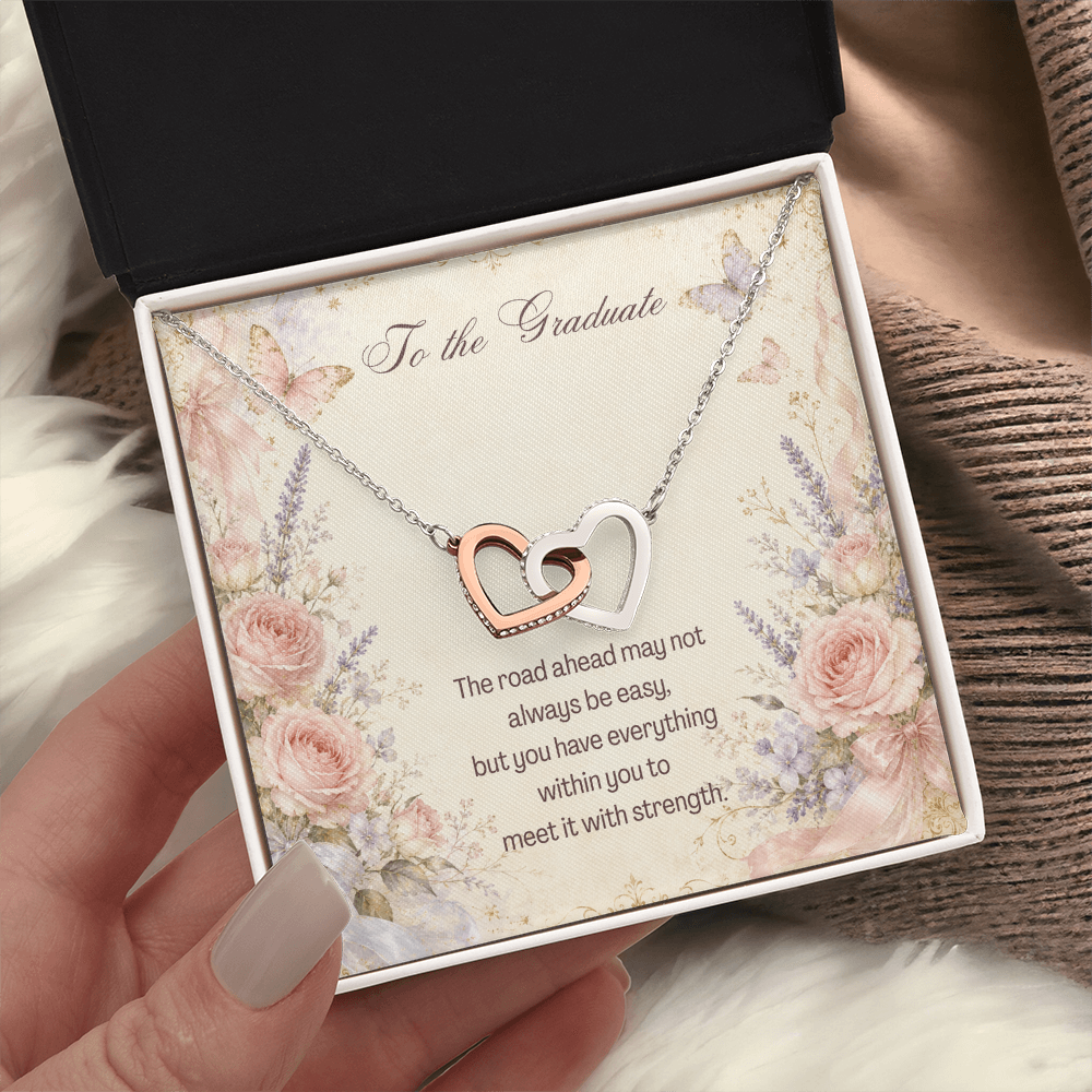 To The Graduate Interlocking Hearts Necklace Bouquet Flowers, Butterflies