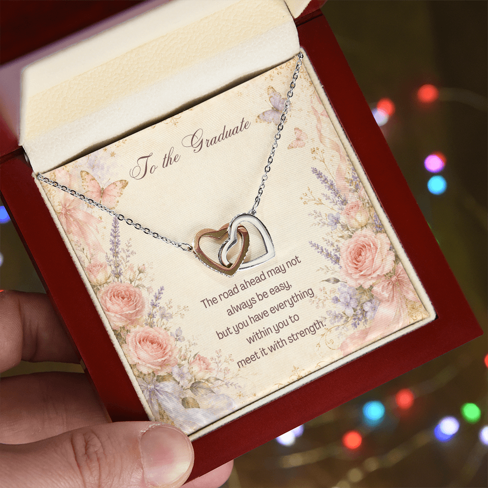 To The Graduate Interlocking Hearts Necklace Bouquet Flowers, Butterflies