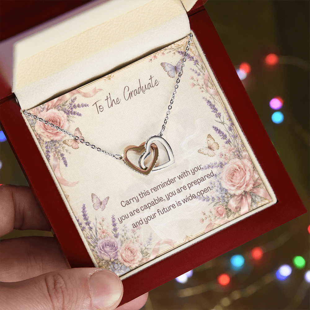 To The Graduate Interlocking Hearts Necklace Bows, Butterflies, and Flowers
