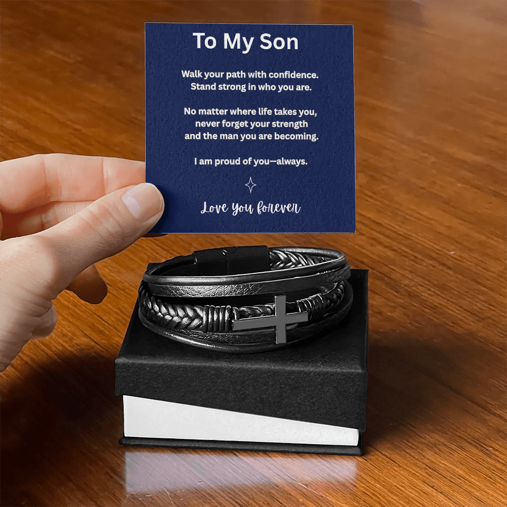 To My Son Leather Cross Bracelet – Faith-Based Gift for Son – Inspirational Christian Gift from Mom or Dad