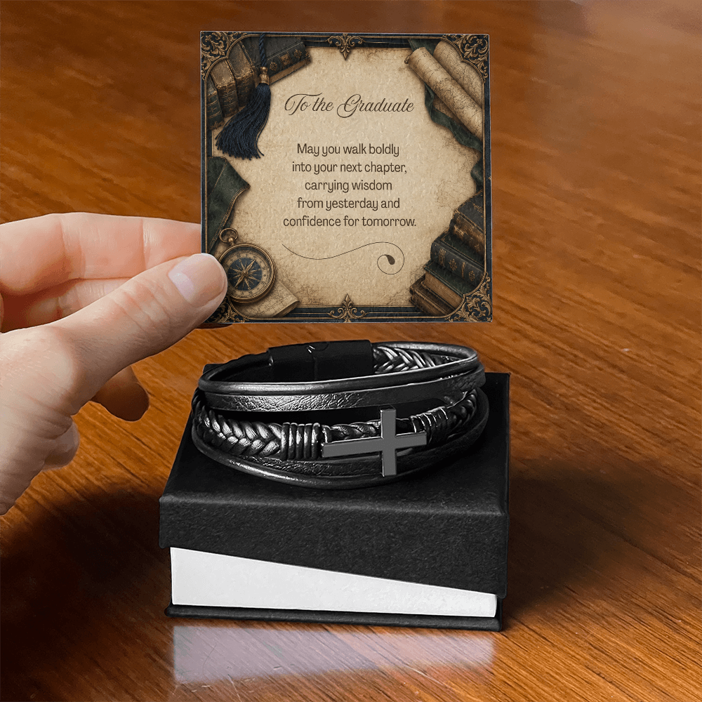 To the Graduate Cross Leather Bracelet Vintage Books Clocks Maps