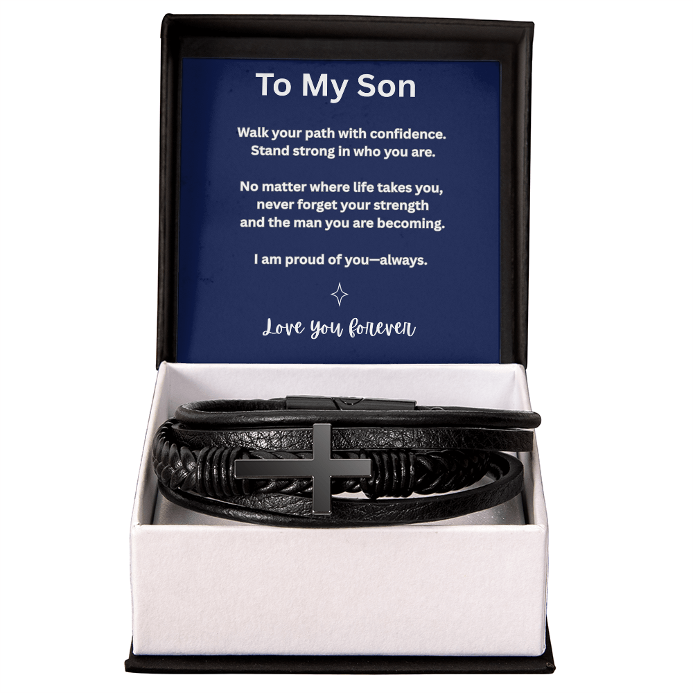 To My Son Leather Cross Bracelet – Faith-Based Gift for Son – Inspirational Christian Gift from Mom or Dad