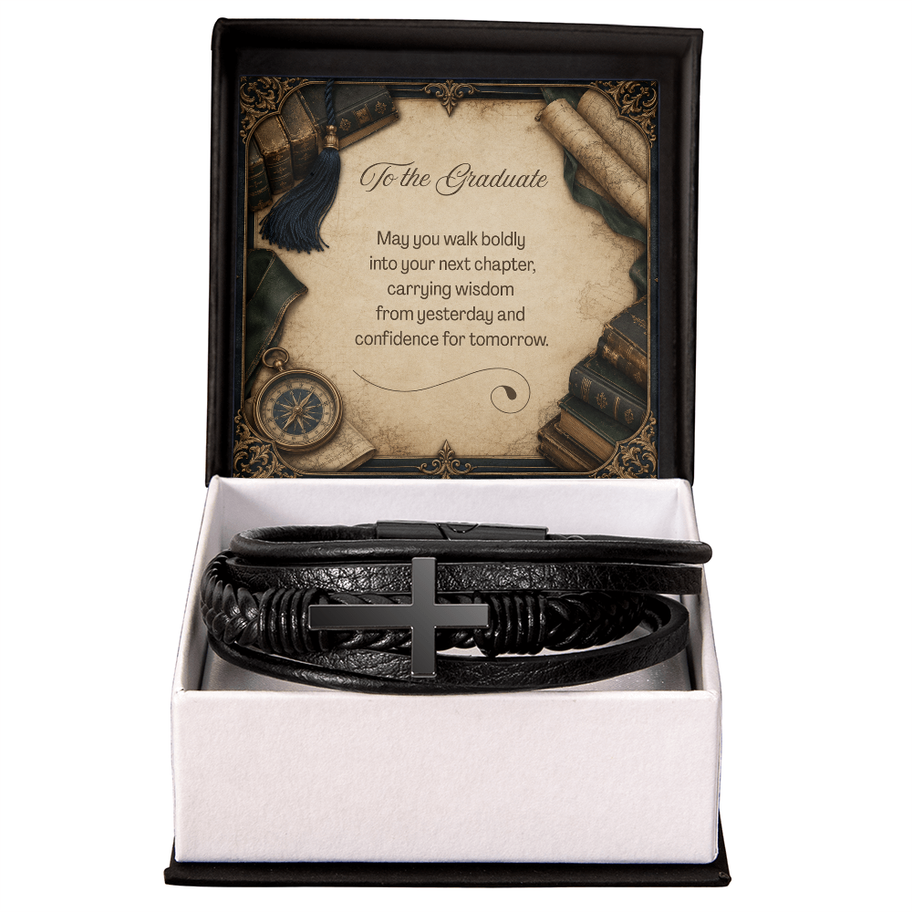 To the Graduate Cross Leather Bracelet Vintage Books Clocks Maps