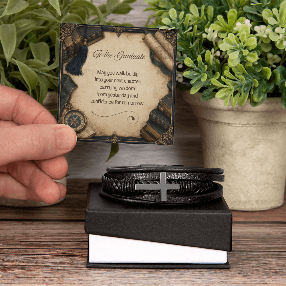 To the Graduate Cross Leather Bracelet Vintage Books Clocks Maps