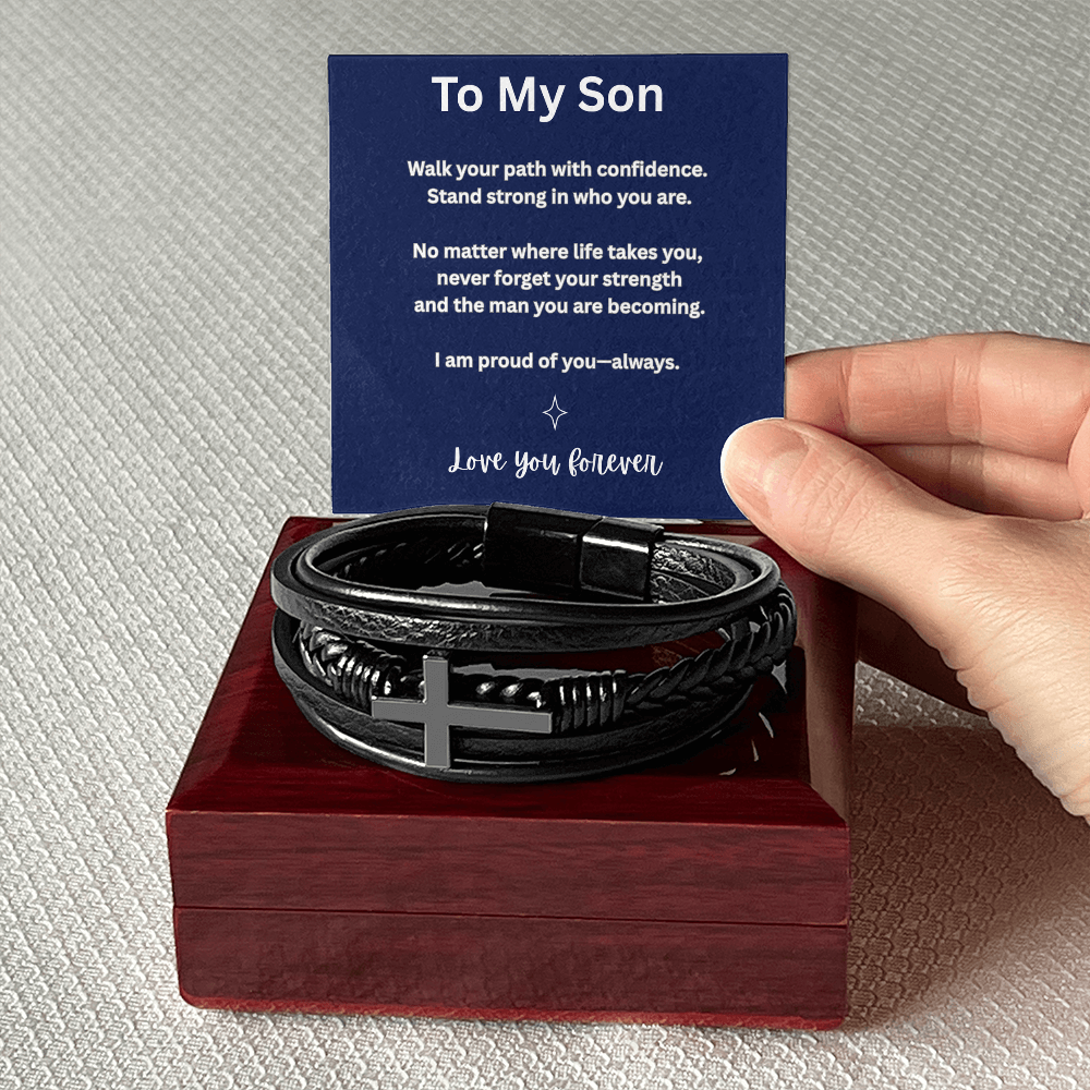To My Son Leather Cross Bracelet – Faith-Based Gift for Son – Inspirational Christian Gift from Mom or Dad
