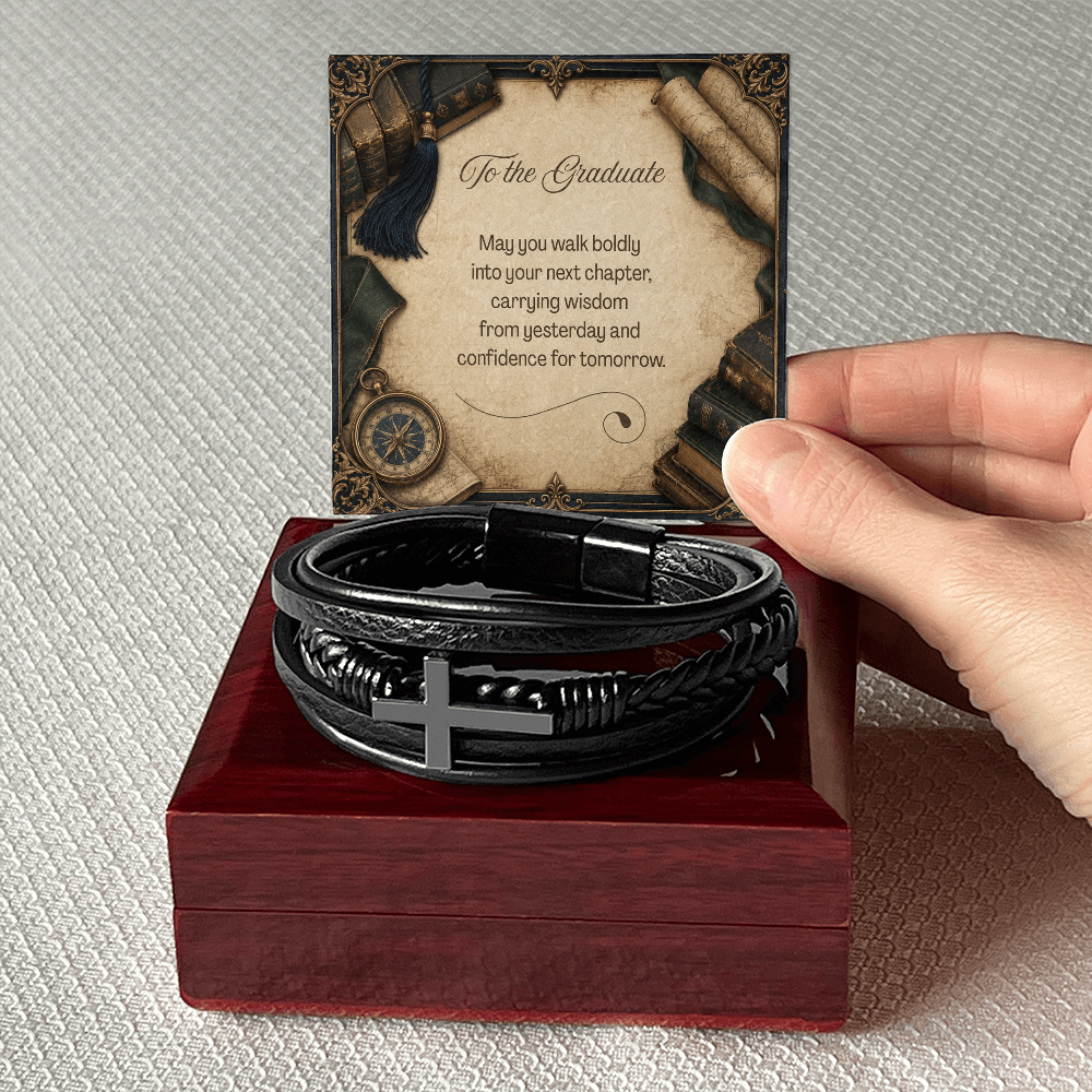 To the Graduate Cross Leather Bracelet Vintage Books Clocks Maps