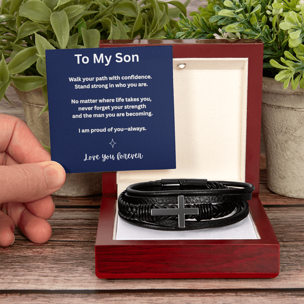 To My Son Leather Cross Bracelet – Faith-Based Gift for Son – Inspirational Christian Gift from Mom or Dad