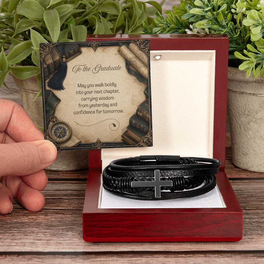 To the Graduate Cross Leather Bracelet Vintage Books Clocks Maps