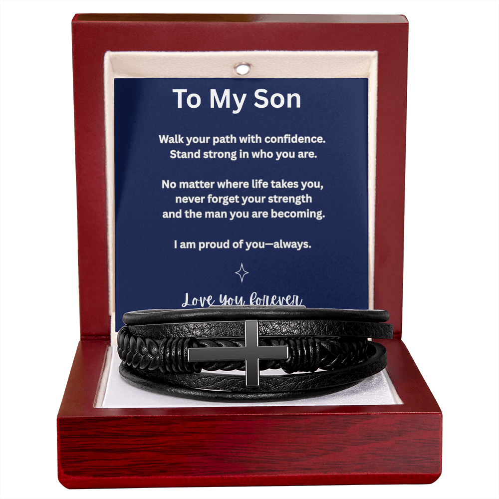 To My Son Leather Cross Bracelet – Faith-Based Gift for Son – Inspirational Christian Gift from Mom or Dad