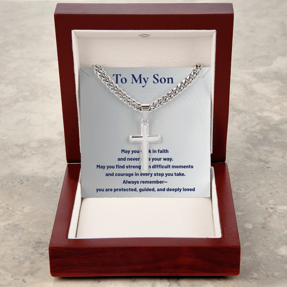 To My Son Artisan Cross Cuban Link Chain – Faith-Based Gift for Son – Inspirational Christian Necklace from Mom or Dad