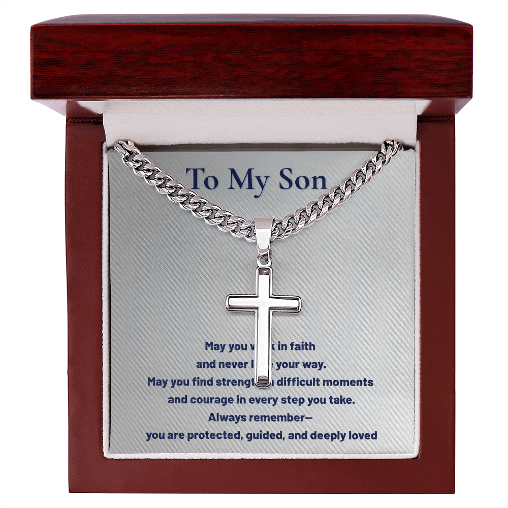 To My Son Artisan Cross Cuban Link Chain – Faith-Based Gift for Son – Inspirational Christian Necklace from Mom or Dad