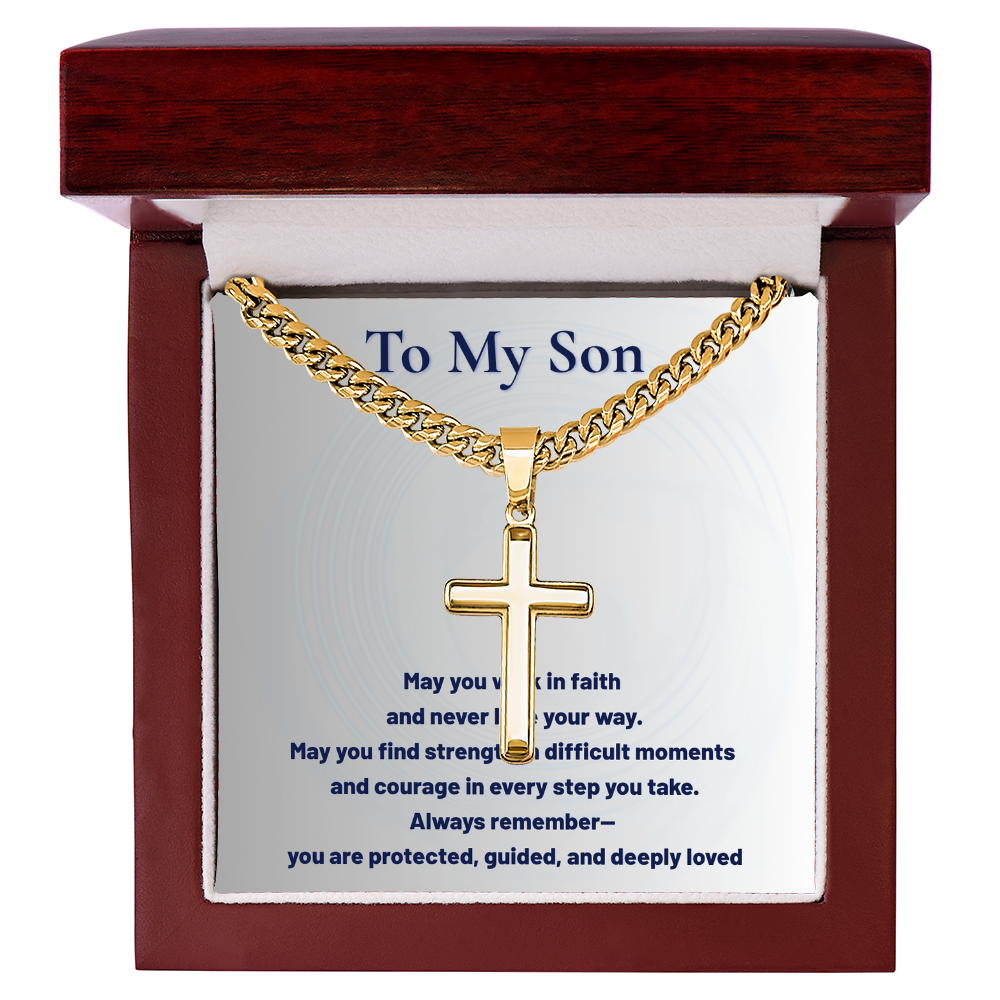 To My Son Artisan Cross Cuban Link Chain – Faith-Based Gift for Son – Inspirational Christian Necklace from Mom or Dad