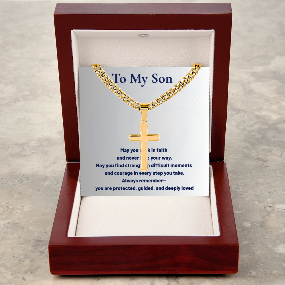 To My Son Artisan Cross Cuban Link Chain – Faith-Based Gift for Son – Inspirational Christian Necklace from Mom or Dad